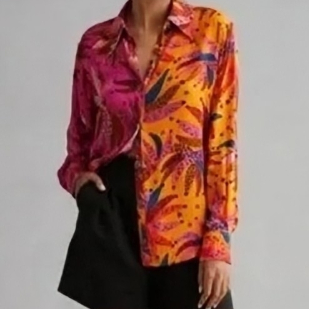 Farm Rio • Banana Logo Tropical Button Down Long Sleeve Shirt Blouse Size XXS